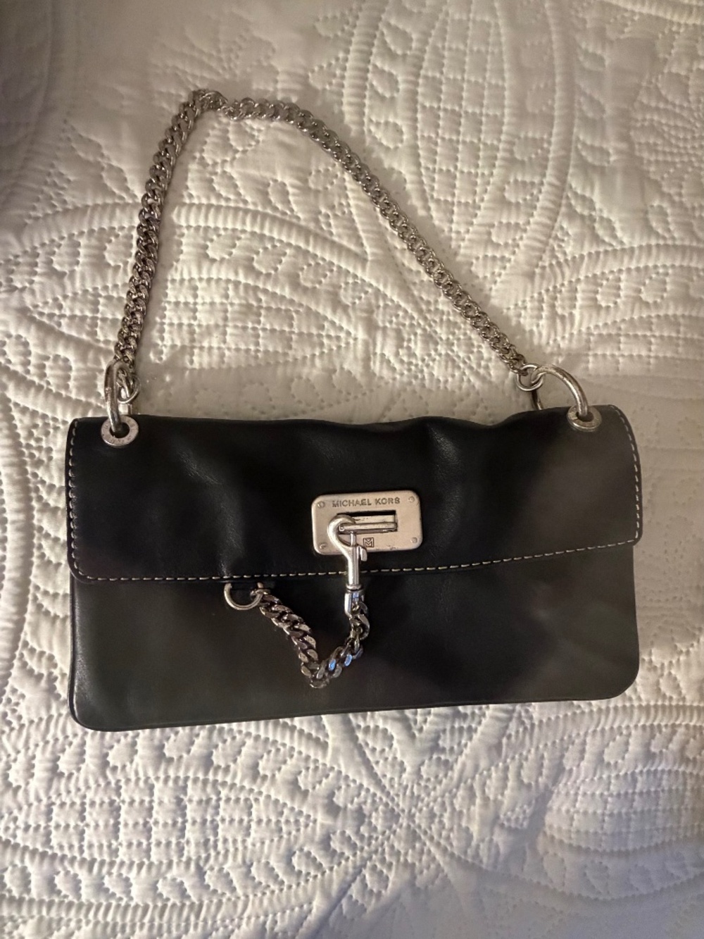 Michael Kors Black Leather Shoulder Bag Silver Chain Clip Hardware
